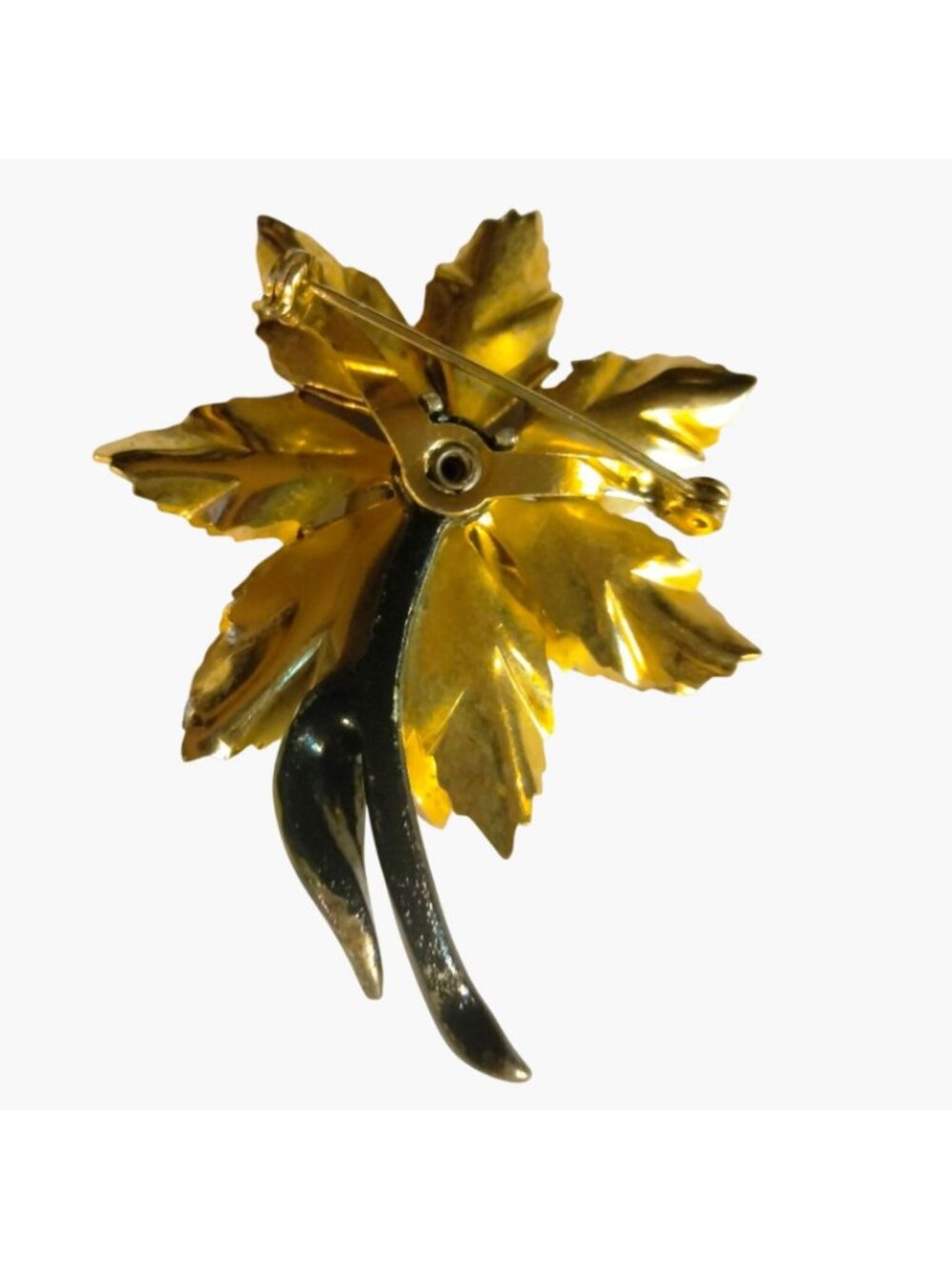 Flower Brooch Amber Rhinestone Vintage Gold Toned Enamel Stem - Picture 5 of 6